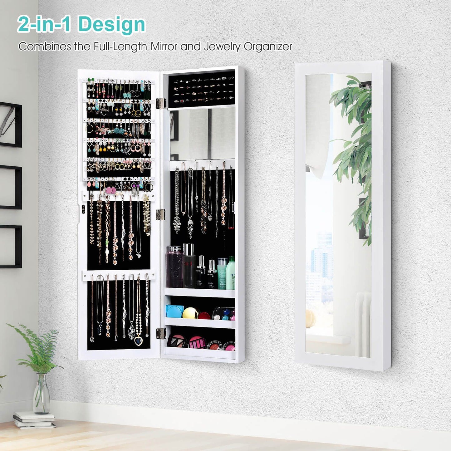 Wall Mounted Jewellery Armoire with Built-In Mirror and 3 Shelves