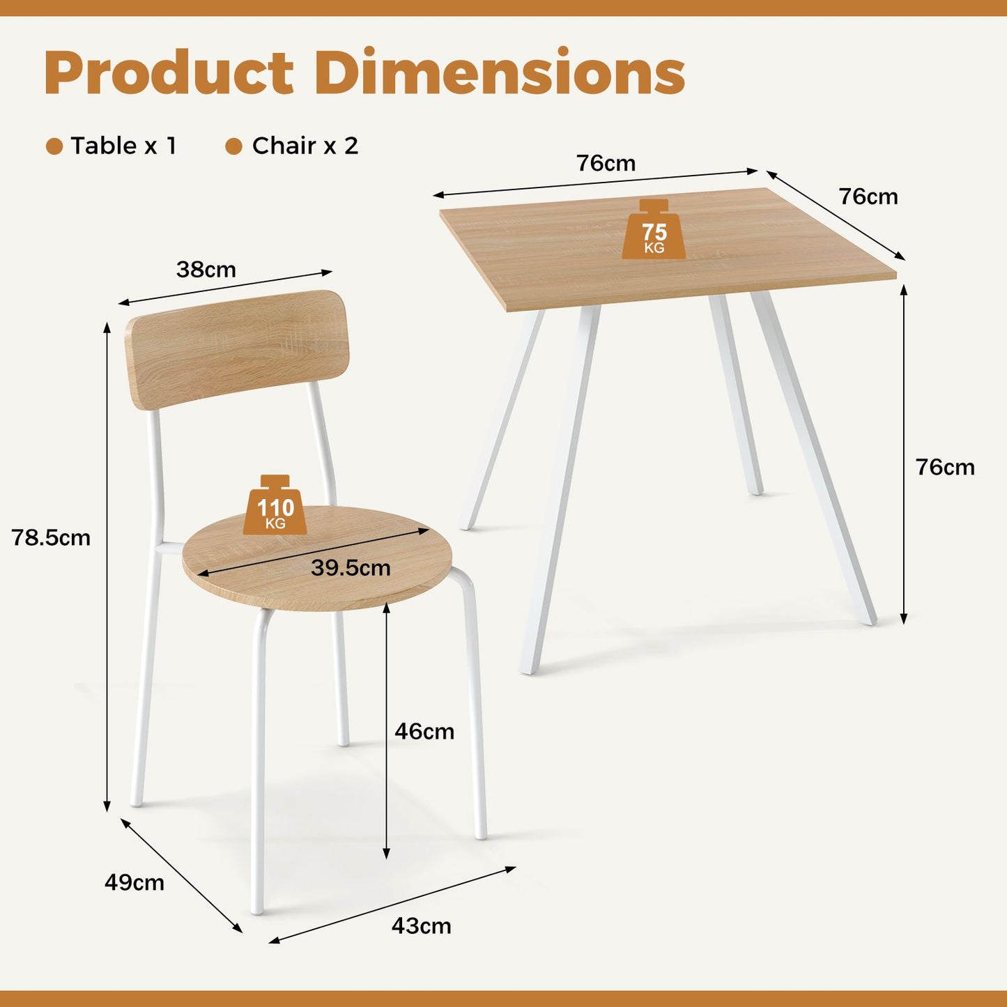 3-Piece Kitchen Dining Room Furniture with Metal Frame and Adjustable Foot Pads