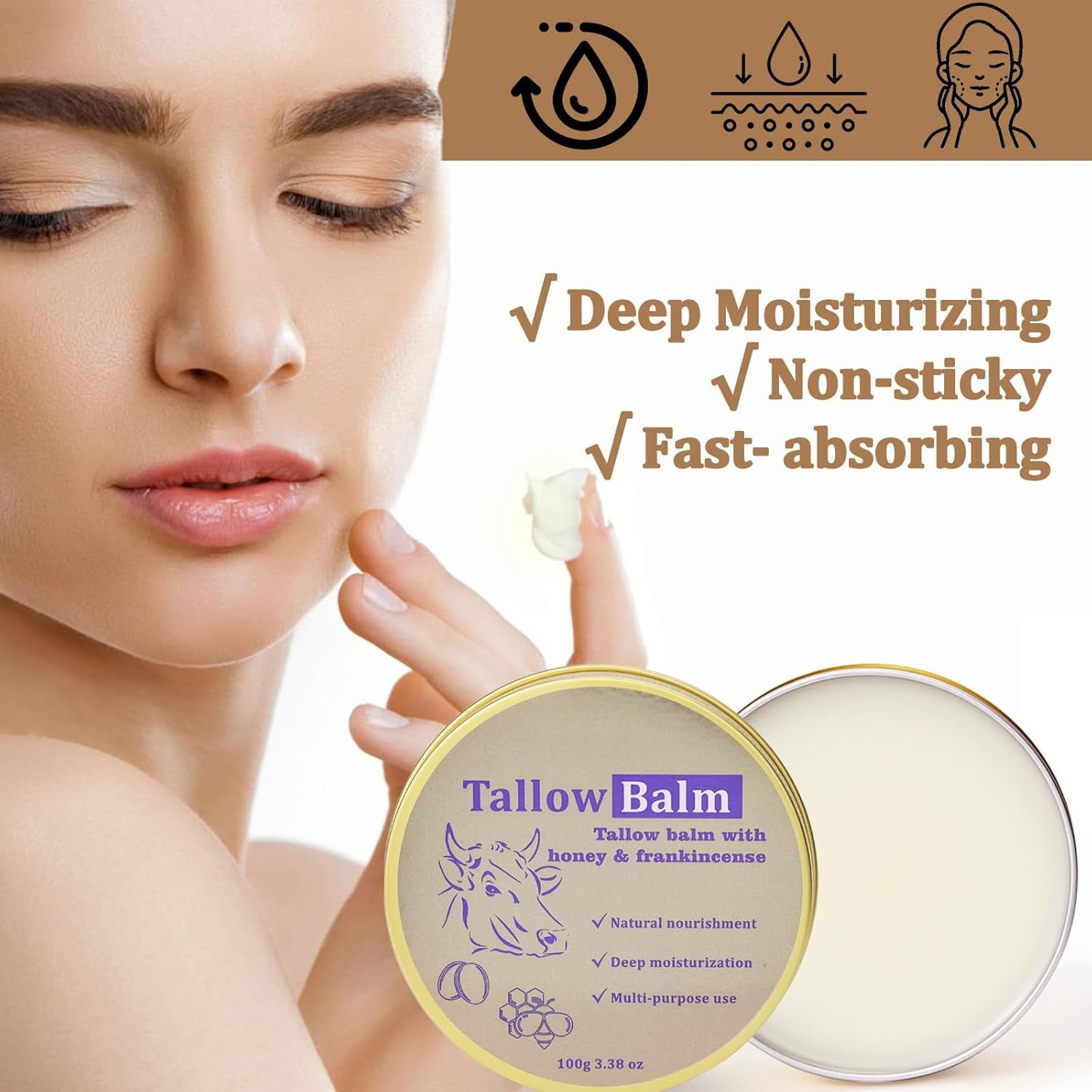 Tallow and Honey Balm with Frankineense - Beef Tallow Skin Care Balm for Dry Skin - Tallow Face Cream for Face and Body - Beef Tallow Moisturiser - Tallow Honey Balm for Soothing, Moisturizing