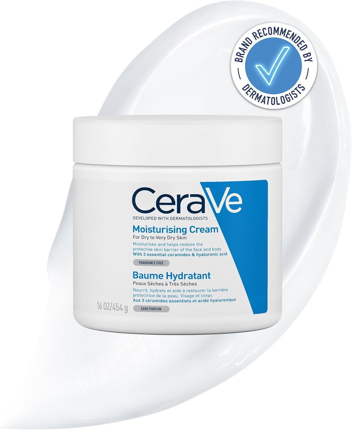 Moisturizing Cream for Face and Body with Essential Ceramides and Hyaluronic Acid, Ideal for Dry to Very Dry Skin, Dermatologist Developed, Fragrance-Free, 454g/16oz