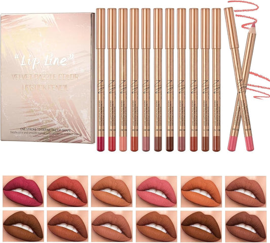 12 Colour Matte Lip Liner Pen Set, Natural Waterproof Velvet Lip Liner Pencil Smooth Texture Plumping Lip Definer Pencil, High Pigmented Long Lasting Lipstick Pen Makeup Gift for Women Girls