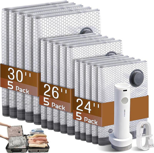 Cordless Travel Vacuum Storage Compression Bag Set – 15-Pack in 3 Sizes – 140L/Min Powerful Air Removal – USB Rechargeable Handheld Pump with Built-In Battery – Waterproof & Reusable Space Saver for Clothes & Packing, Perfect for Carry-On Suitcases