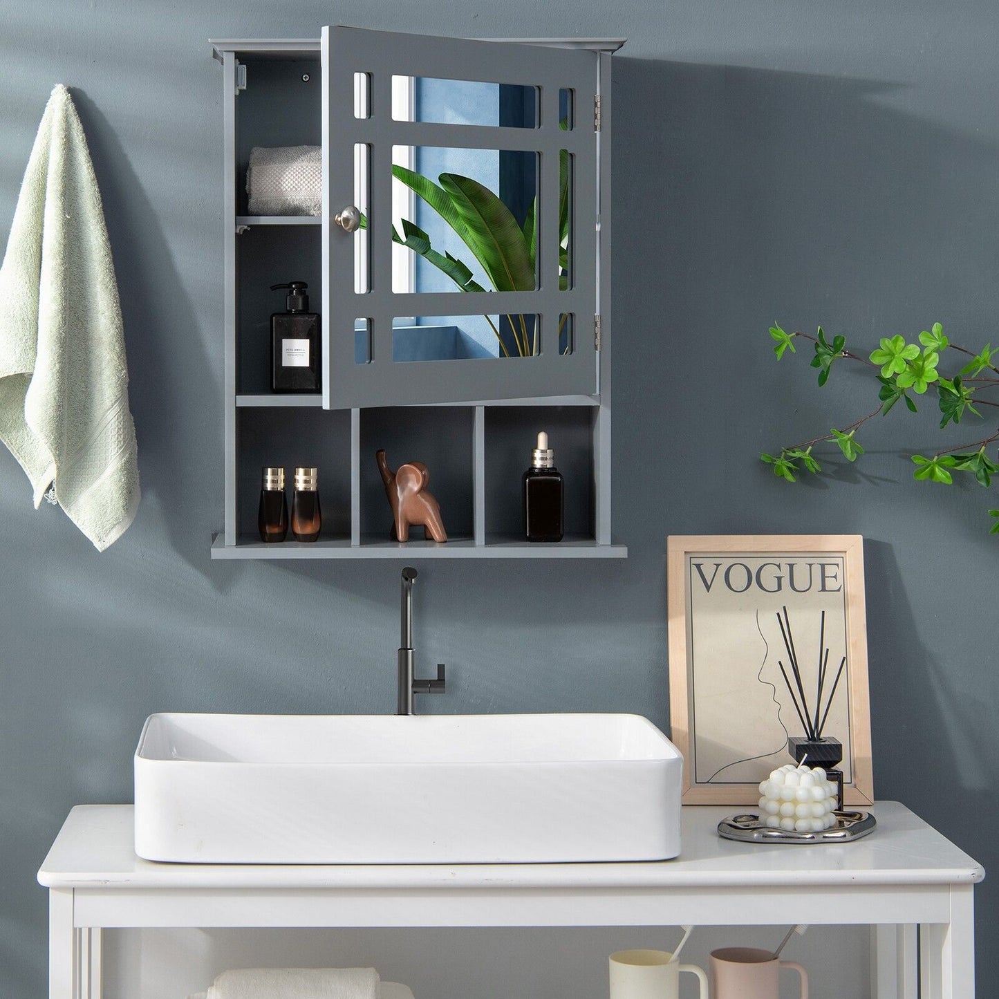 Mirror Door Cabinet with Adjustable Shelf and 3 Compartments