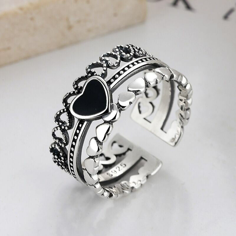 Vintage Heart Linked Adjustable Ring 925 Sterling Silver Women Jewellery