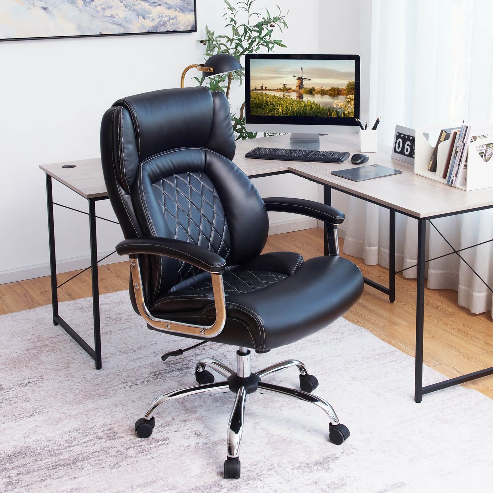 Leather Office Chair with Rocking Mode and Armrests