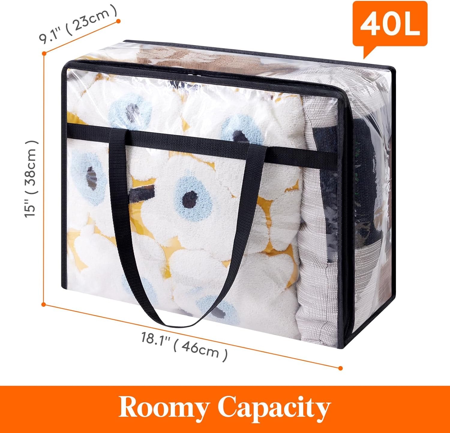 4 Pack Clear Plastic Storage Bags, 40L Foldable Clothes Storage Boxes Wardrobe Organizer Moving Bags with Reinforced Handle for Loft Wardrobe for Bedding Clothes Blanket Duvet