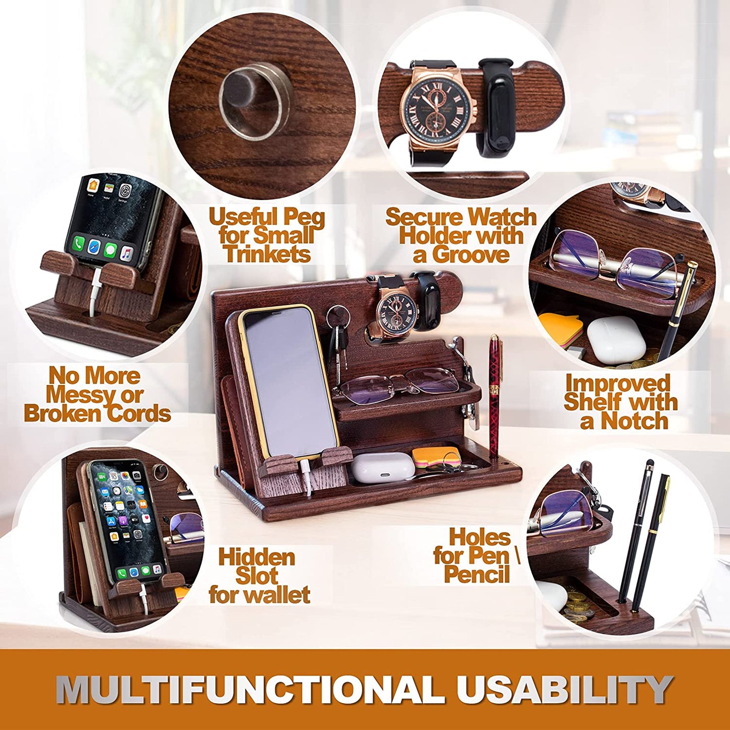 Gifts for Men Wood Phone Docking Station Desk Organizer Fathers Gifts Gifts for Him Xmas Gift Anniversary Birthday Presents Nightstand Key Wallet Stand for Men, Boyfriend, Dad