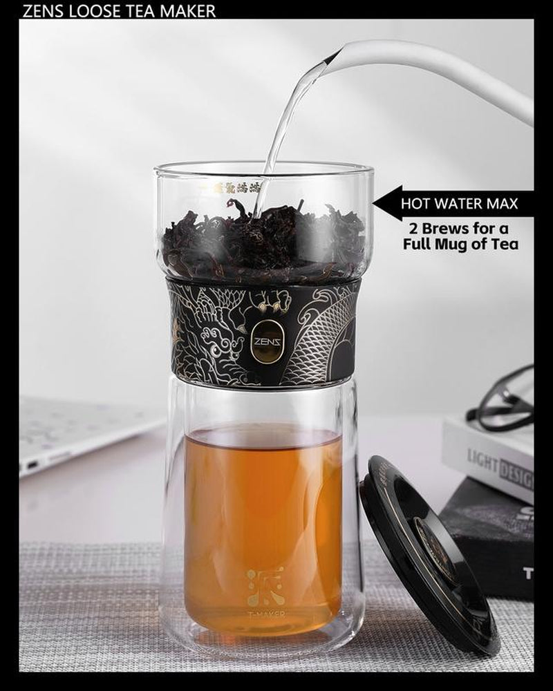 ZENS Modern Glass Tea Infuser Set Special Black Dragen Color– Perfect Loose Leaf Tea Maker with Insulated Mug & Portable Case – Ideal Gift and Christmas Gift for Tea Lovers Chritmas Gift