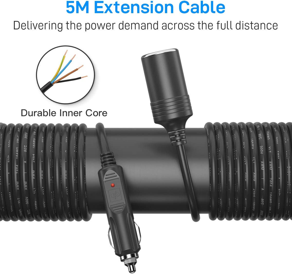 5M 12V/24V Vehicle Cigarette Lighter Power Extension Cable – 10A 120W Inline Socket for Tyre Inflators Vacuums & Portable Tools Heavy Duty Lead Tough & Durable