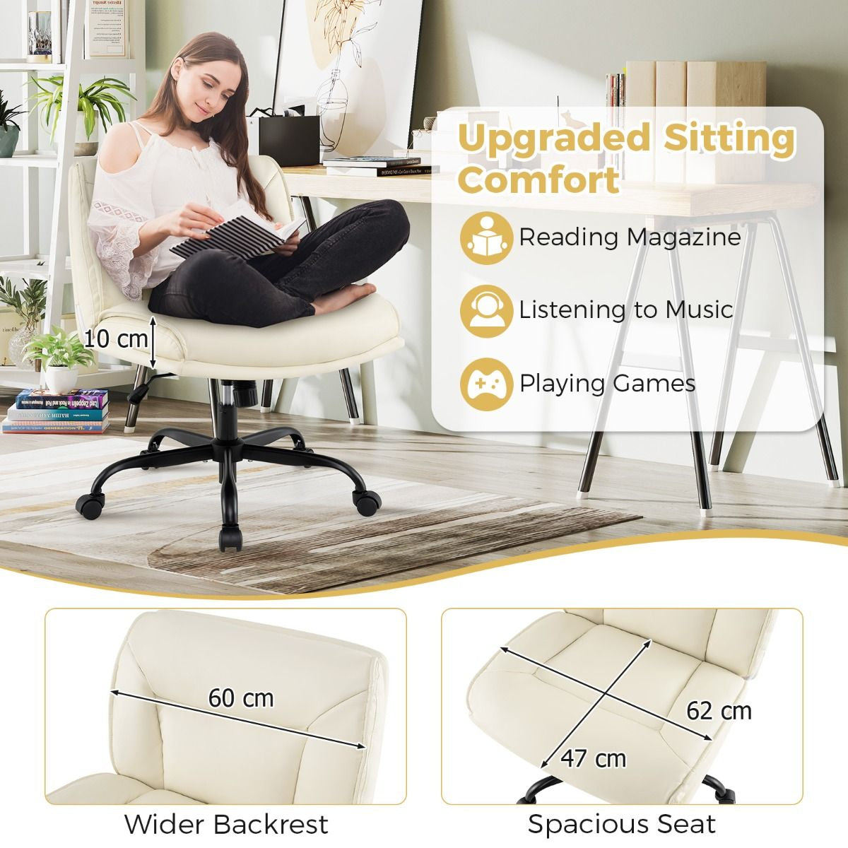 PU Leather Armless Desk Chair with Wide Backrest and Seat