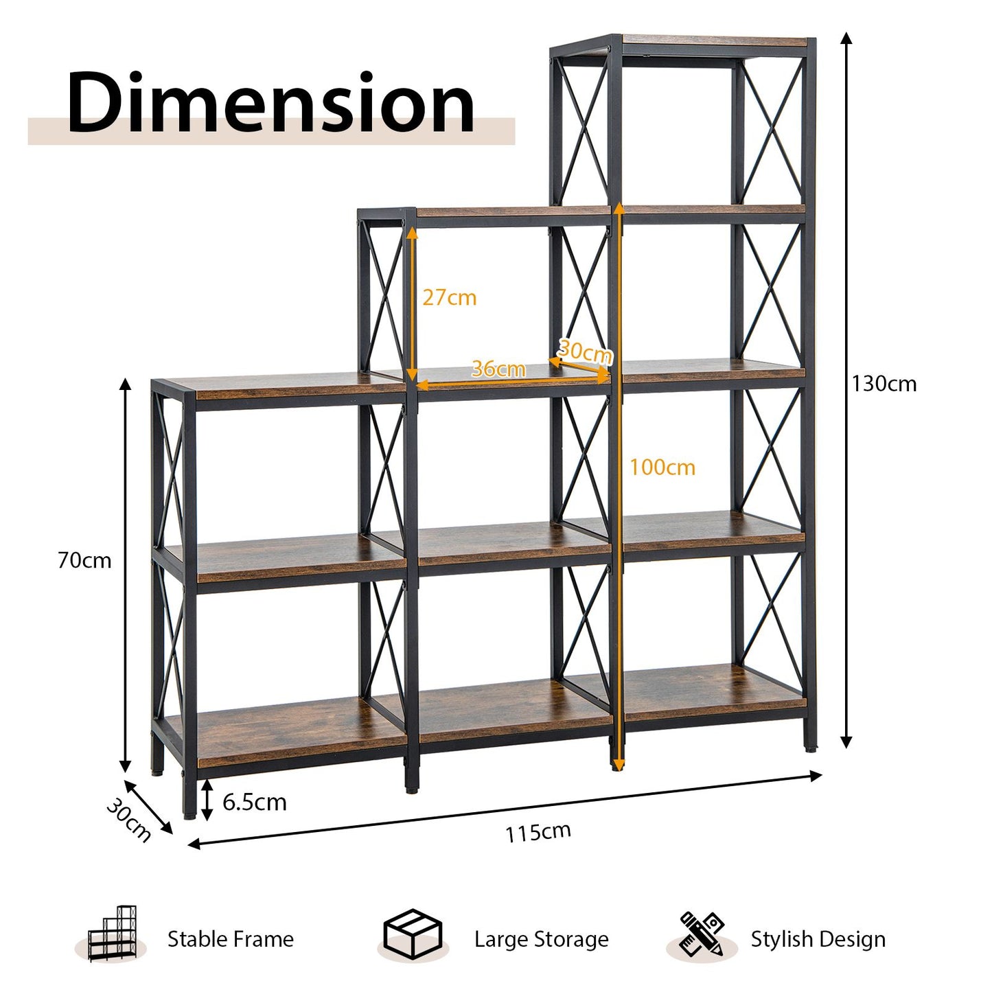 5-Tier Bookshelf 9 Cubes Bookcase with Carbon Steel Frame