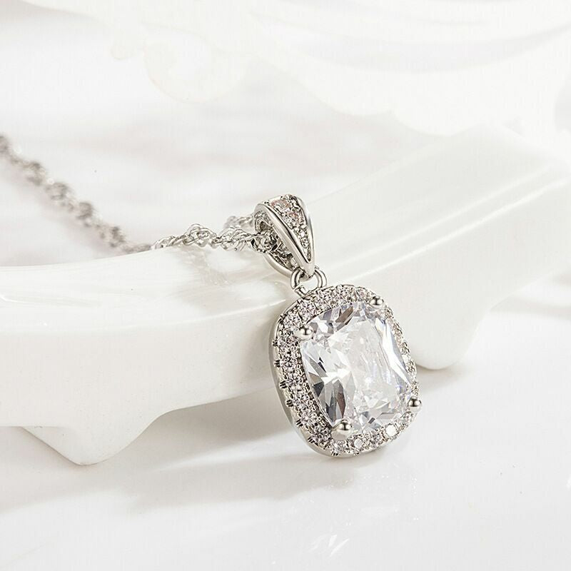 Crystal Square Pendant Chain Necklace 925 Sterling Silver Jewellery Gift UK