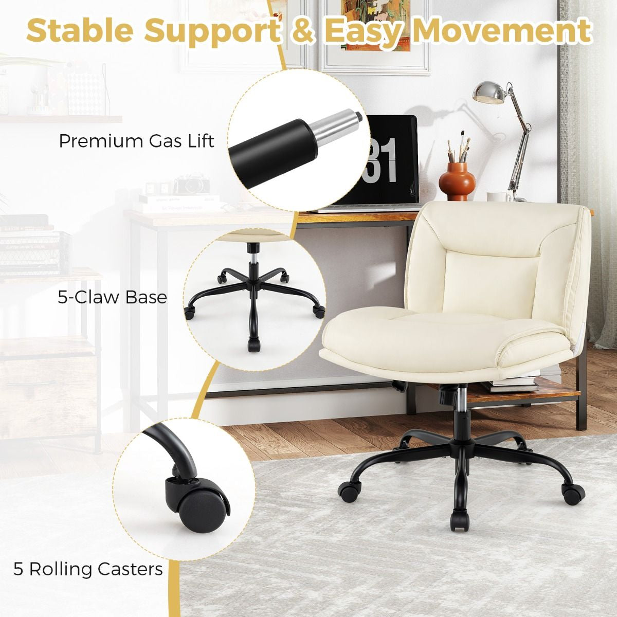 PU Leather Armless Desk Chair with Wide Backrest and Seat