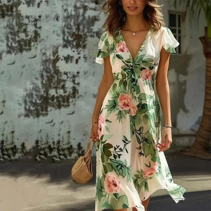 Josefa - Green Floral Midi Floral Dress in Green