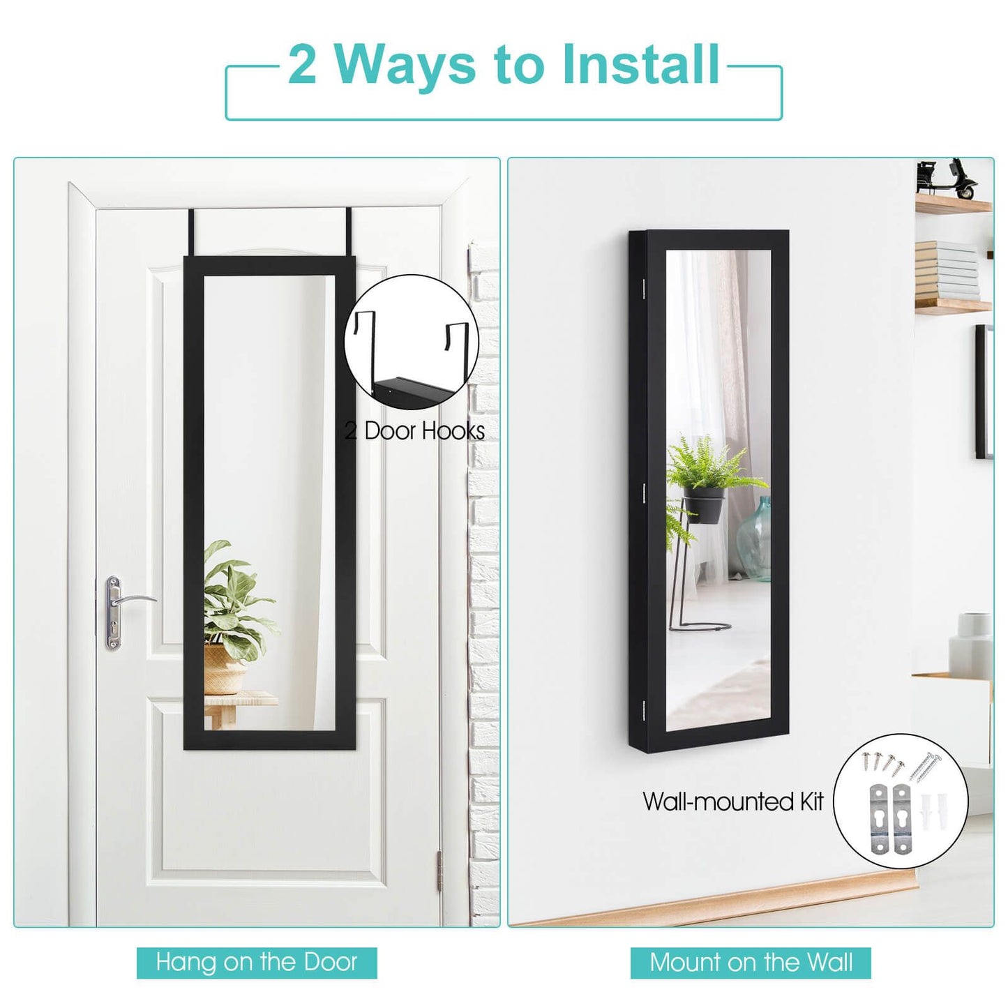 Wall Mounted Jewellery Armoire with Built-In Mirror and 3 Shelves