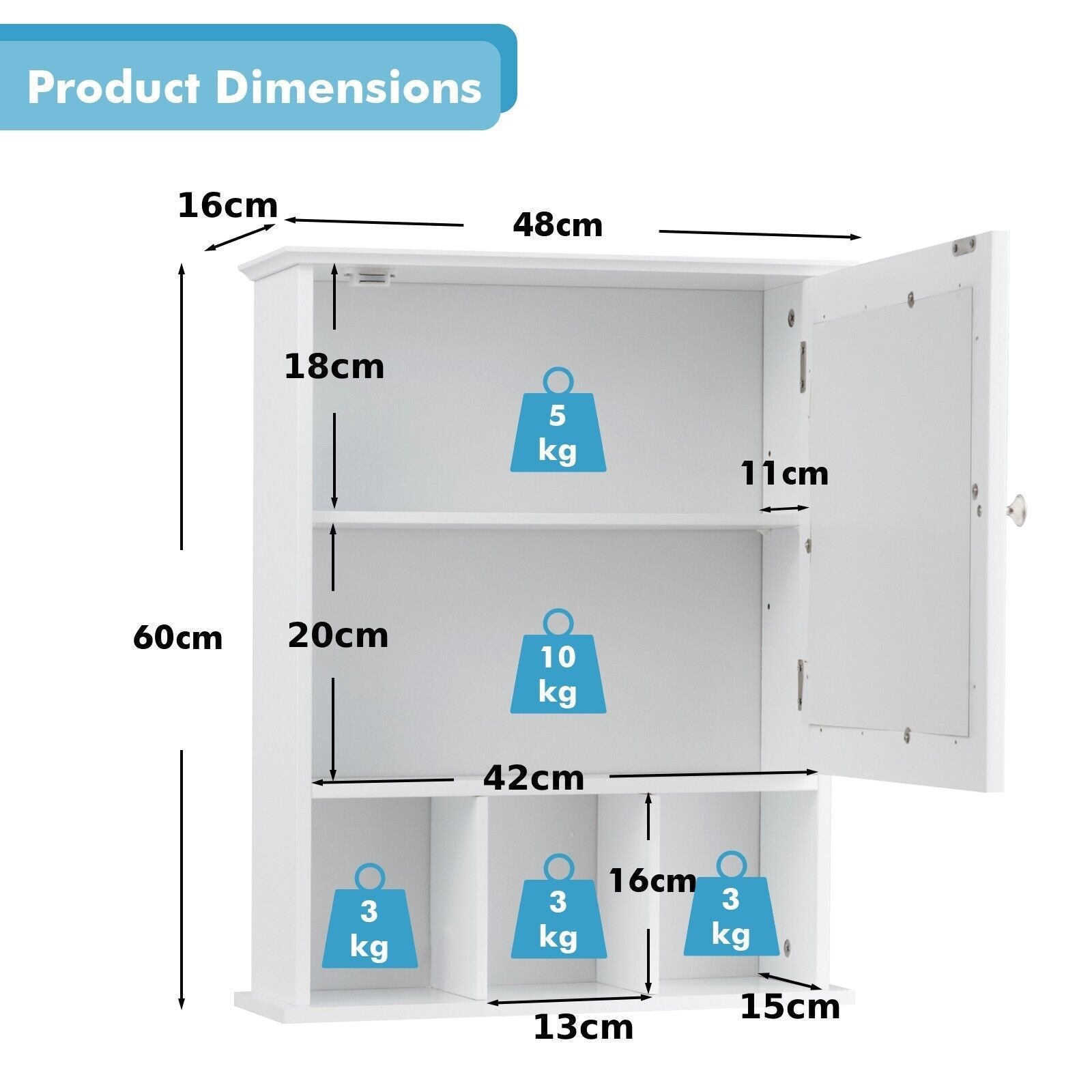Mirror Door Cabinet with Adjustable Shelf and 3 Compartments