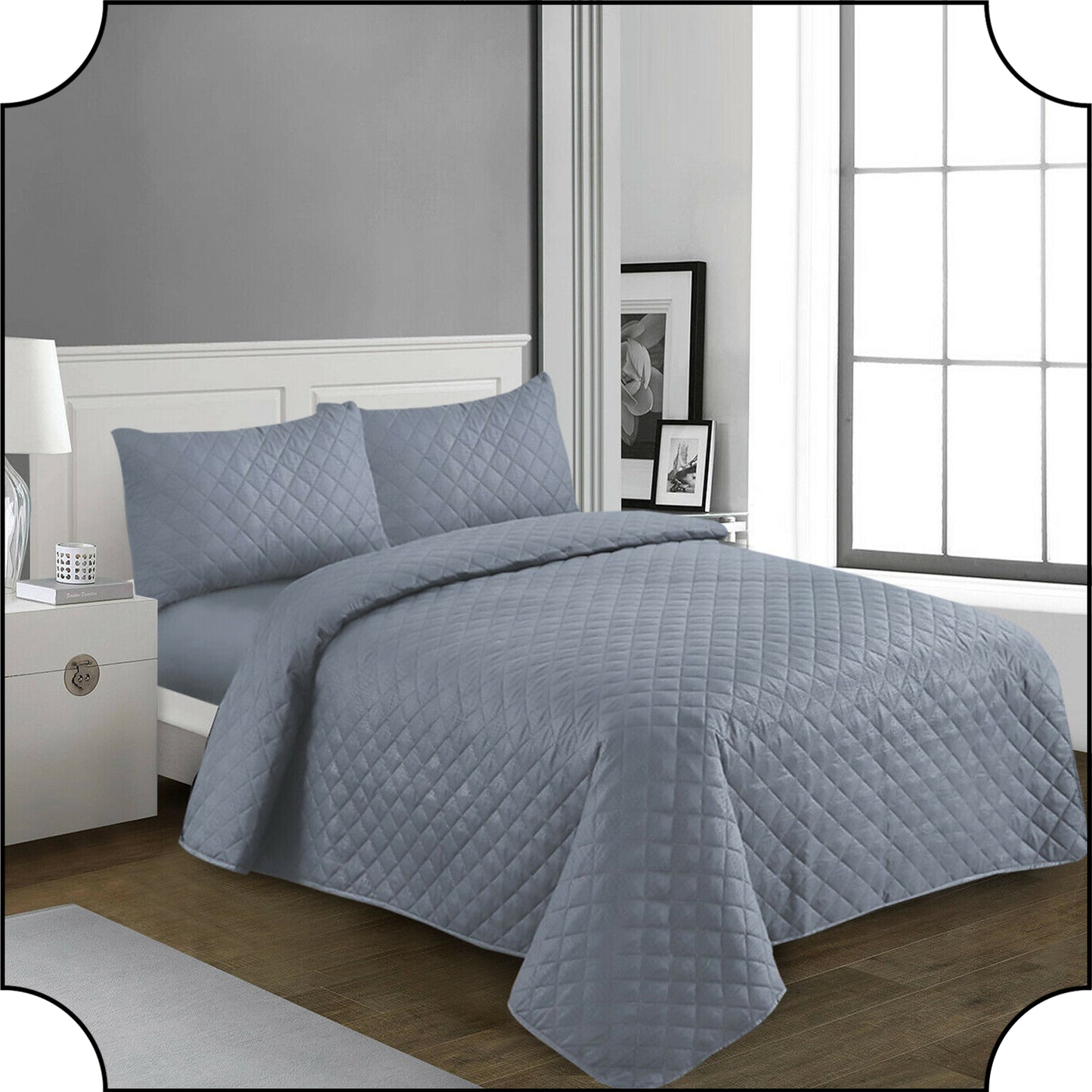 LUXURY EMBOSSED QUILTED BEDSPREAD SOFA THROW 3Pcs BEDDING SET COMFORTER DOUBLE