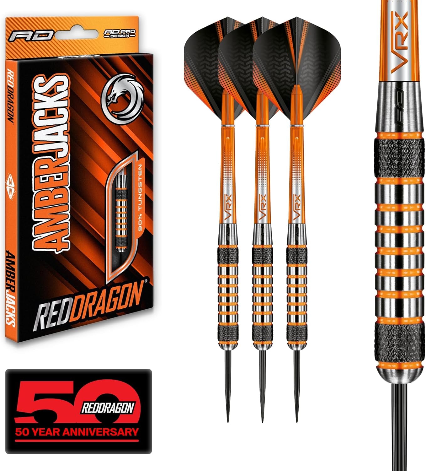 Amberjack Professional Tungsten Darts Set - 90% Tungsten with Flights and Shafts, Available in Multiple Weights (22G to 30G)