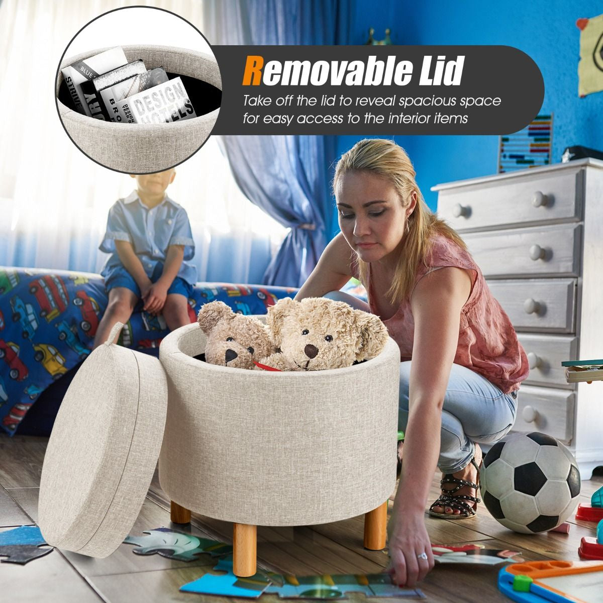 Modern round Padded Storage Ottoman with Hidden Storage Space