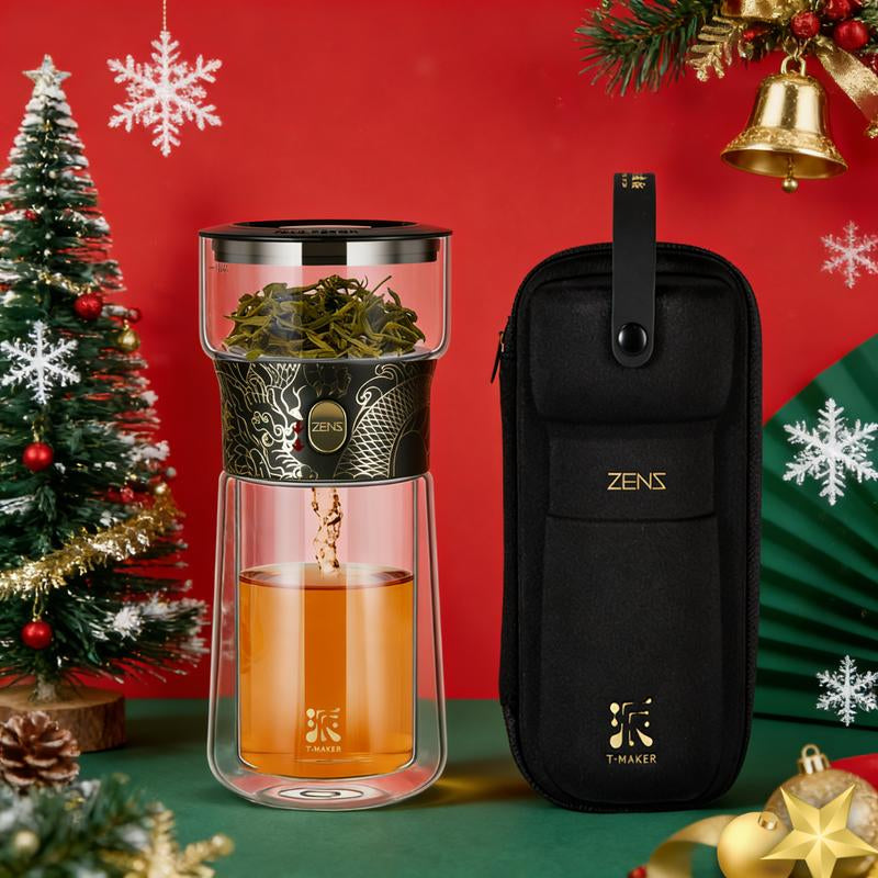 ZENS Modern Glass Tea Infuser Set Special Black Dragen Color– Perfect Loose Leaf Tea Maker with Insulated Mug & Portable Case – Ideal Gift and Christmas Gift for Tea Lovers Chritmas Gift