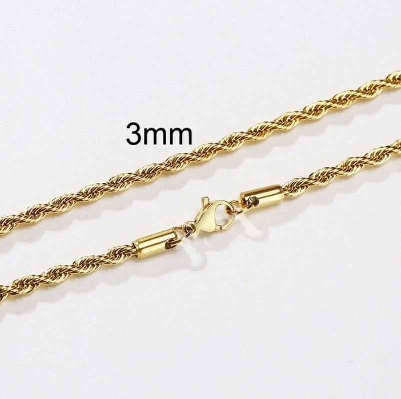 Long Chain Necklace 3MM 18Ct Gold Plated Stainless Steel 30” Inch Twisted Rope