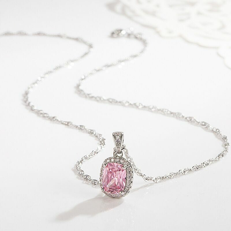 Crystal Square Pendant Chain Necklace 925 Sterling Silver Jewellery Gift UK