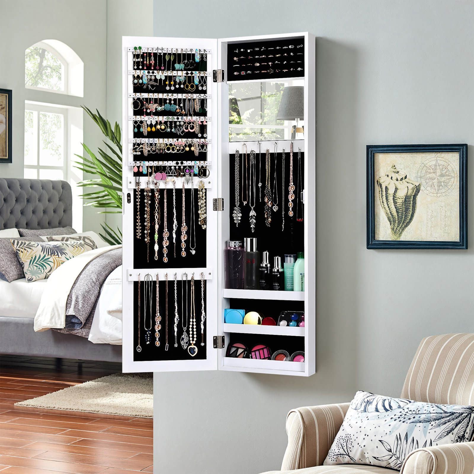 Wall Mounted Jewellery Armoire with Built-In Mirror and 3 Shelves
