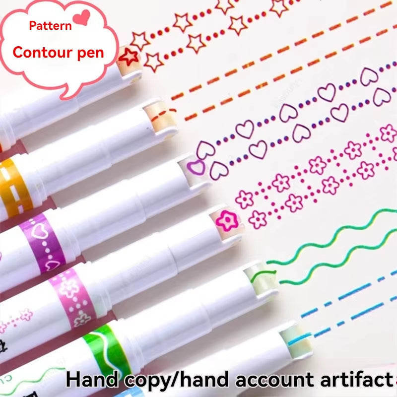 6Pcs/Set Kawaii Flowers Line Shaped Highlighter Pens Roller Tip Curve Liner Marker for Writing Journaling Drawing Stationery