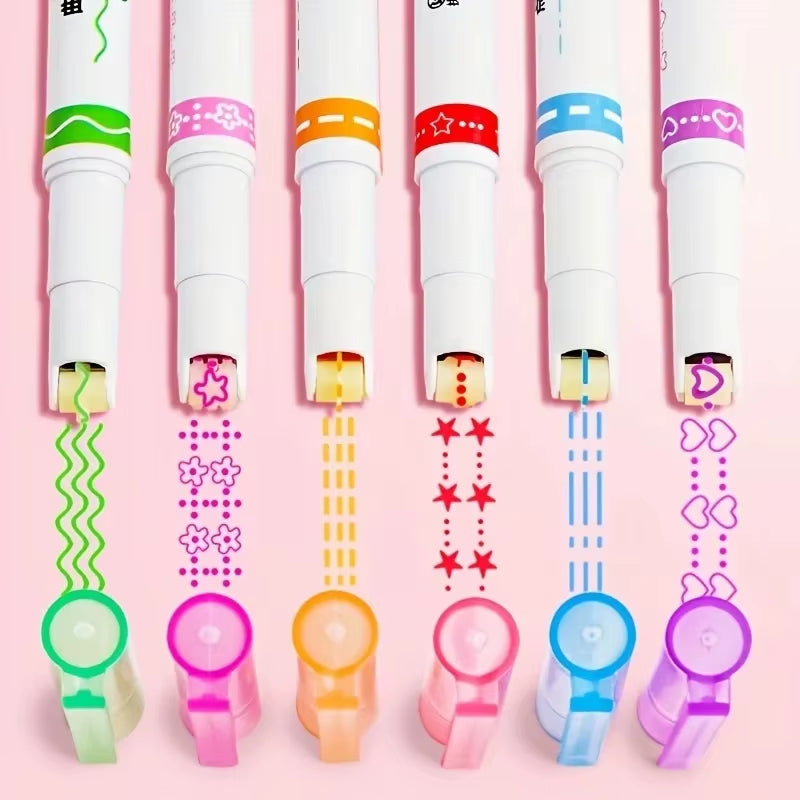 6Pcs/Set Kawaii Flowers Line Shaped Highlighter Pens Roller Tip Curve Liner Marker for Writing Journaling Drawing Stationery
