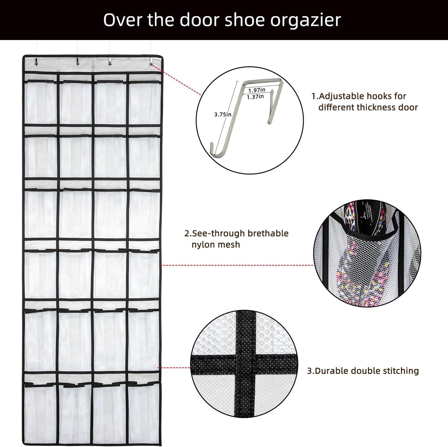 Over the Door Shoe Organizer, Hanging Shoe Organizer with 24 Mesh Large Pockets Door Shoe Rack Organizer for Men Women Kids Hanging Shoe Storage Bag.(White)