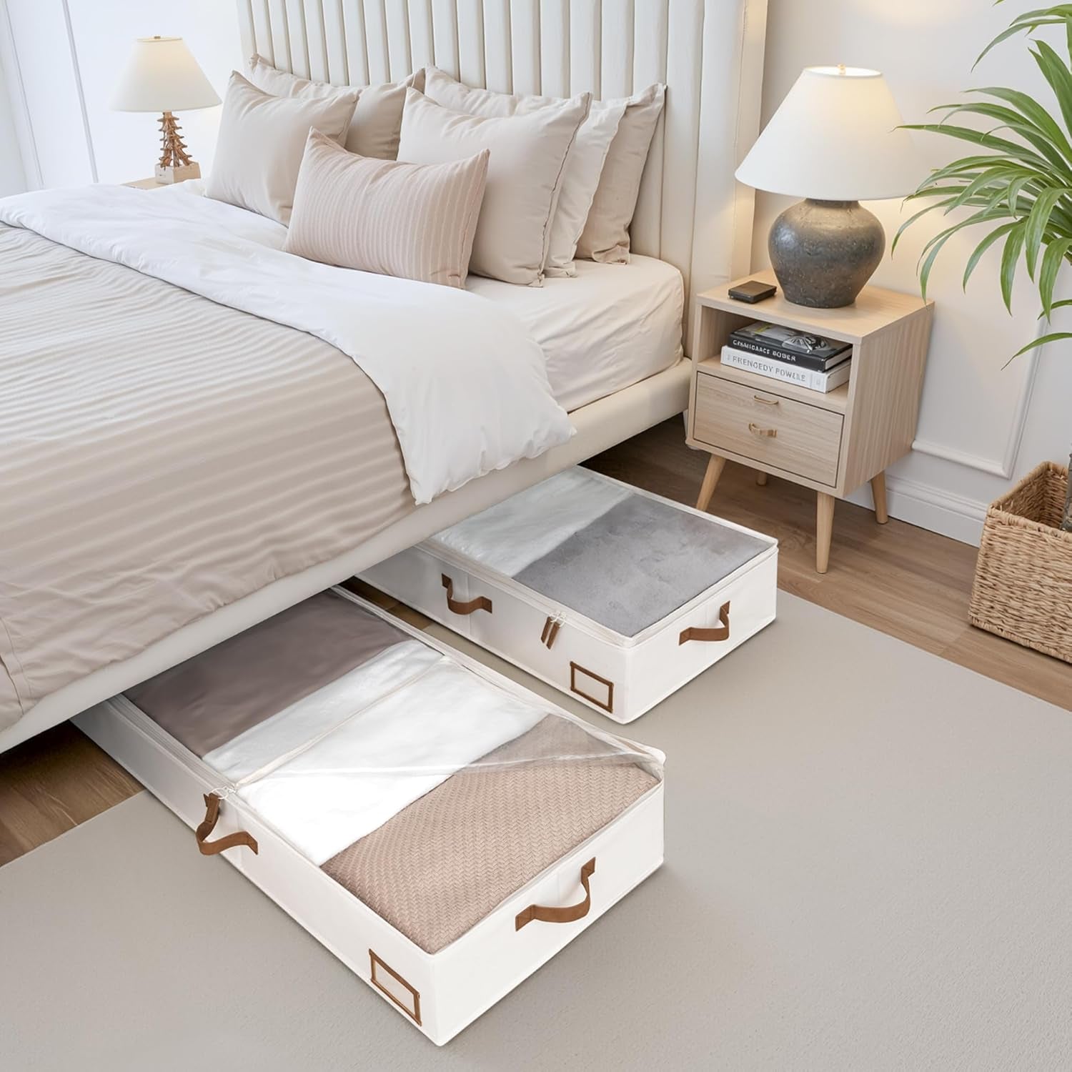 Underbed Storage Boxes with Lids, Large under Bed Storage Box Containers for Bedroom Accessories Organising Clothes Bedding, Rigid under Bed Organisers Ultra Thick, Ivory White, 2-Pack