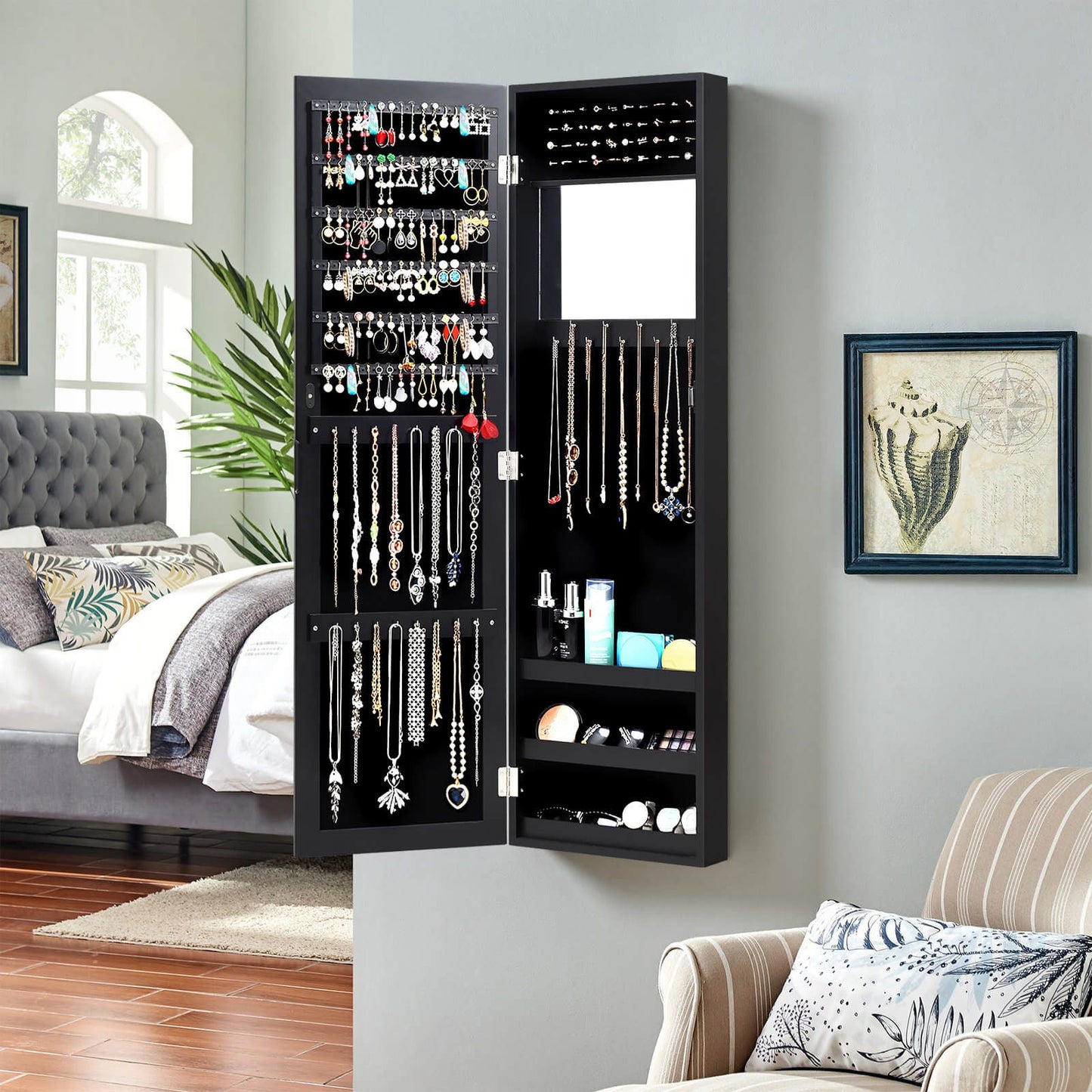 Wall Mounted Jewellery Armoire with Built-In Mirror and 3 Shelves