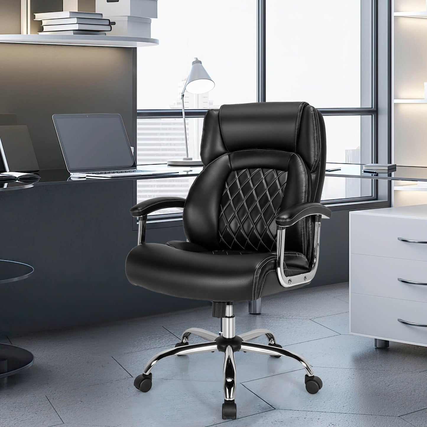 Leather Office Chair with Rocking Mode and Armrests