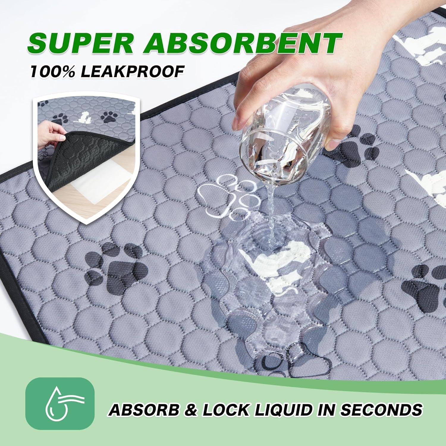 Washable Pee Pads for Dogs Mat, 2 Pack Absorbent Reusable Training Dog Pads Pet Puppy Pads, Non-Slip Potty Pads for Whelping, Playpen, Crate, Bed, Grey 24"X36"