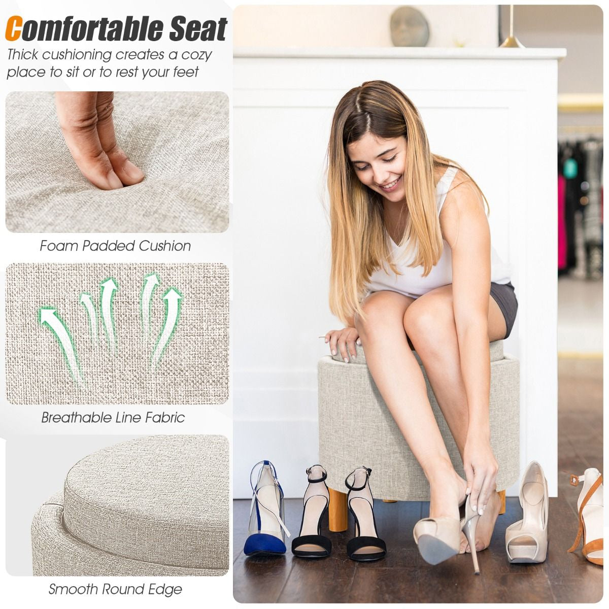 Modern round Padded Storage Ottoman with Hidden Storage Space