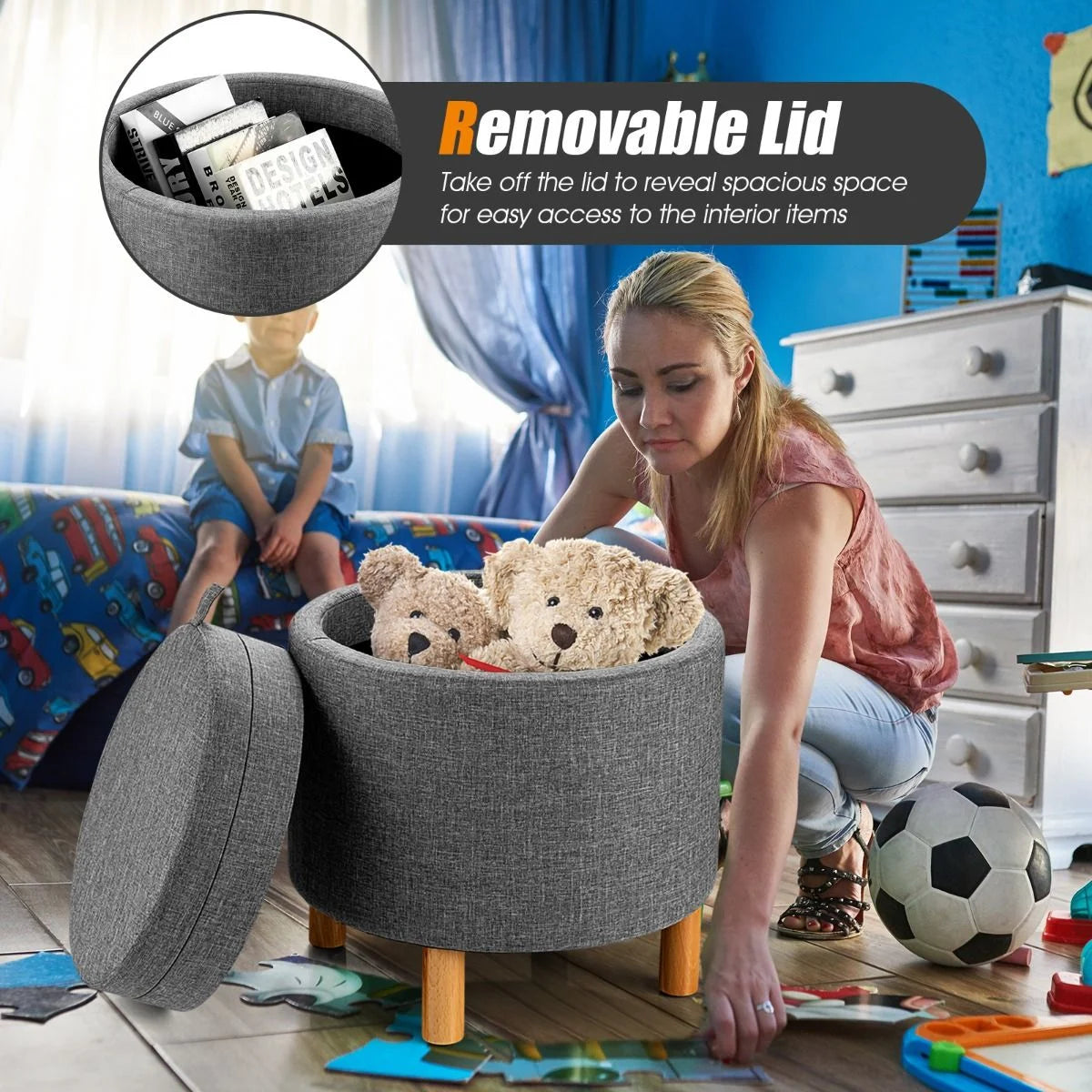 Modern round Padded Storage Ottoman with Hidden Storage Space