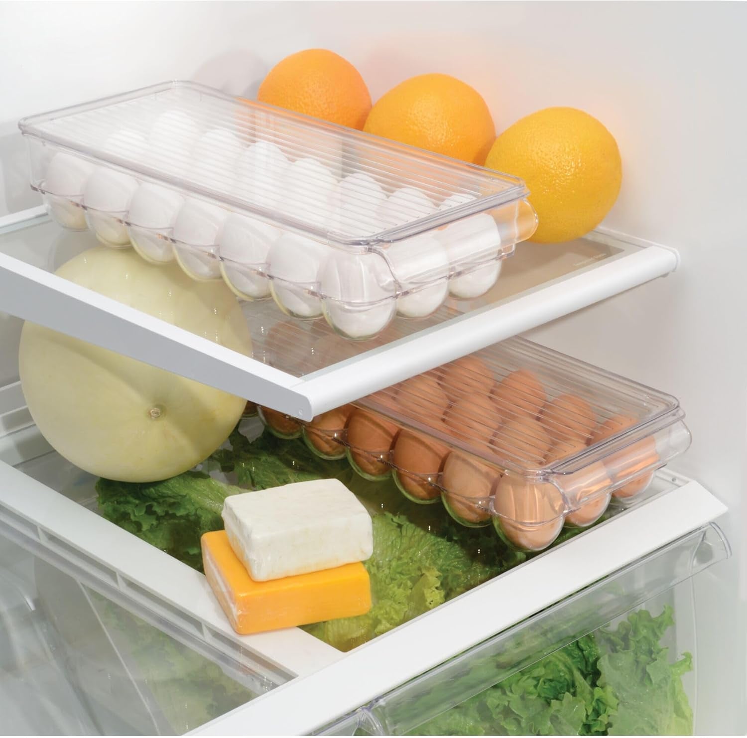 Idesign 72930 Fridge/Freeze Binz Egg Tray, Large Plastic Storage Box for 21 Eggs, Clear
