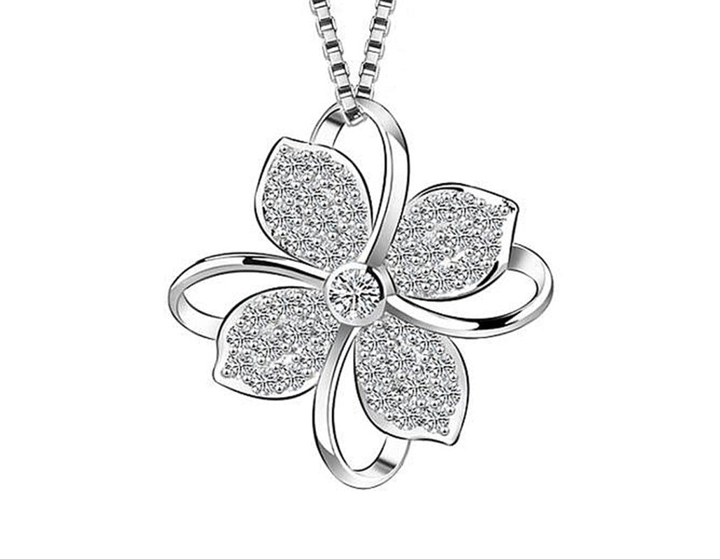 Clover Crystal Pendant 925 Sterling Silver Chain Necklace Women Ladies Jewellery