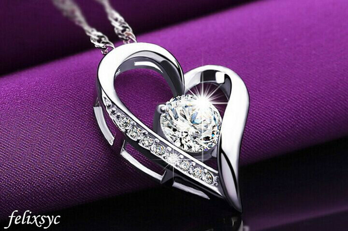 Crystal Heart Pendant 925 Sterling Silver Necklace Chain Women Jewellery Gift UK
