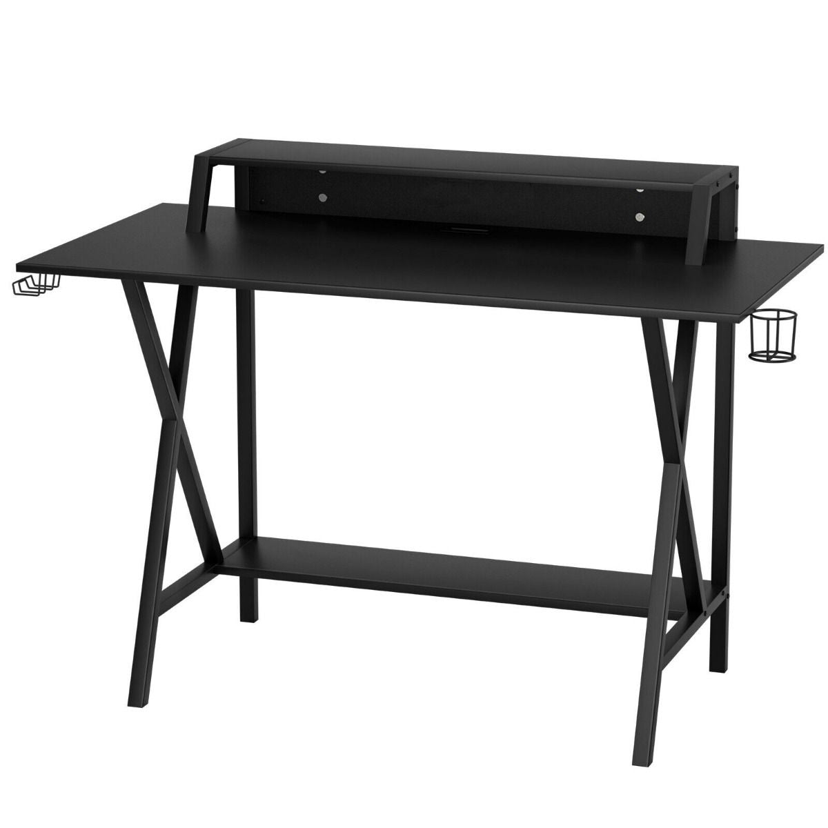 X- Shaped Ergonomic Gaming Computer Desk with Cup Holder and Monitor Riser