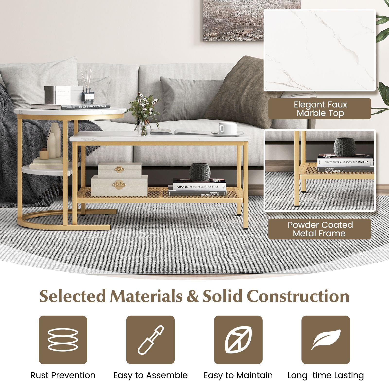 Set of 2 Nesting Coffee Table with Extra Storage Shelf
