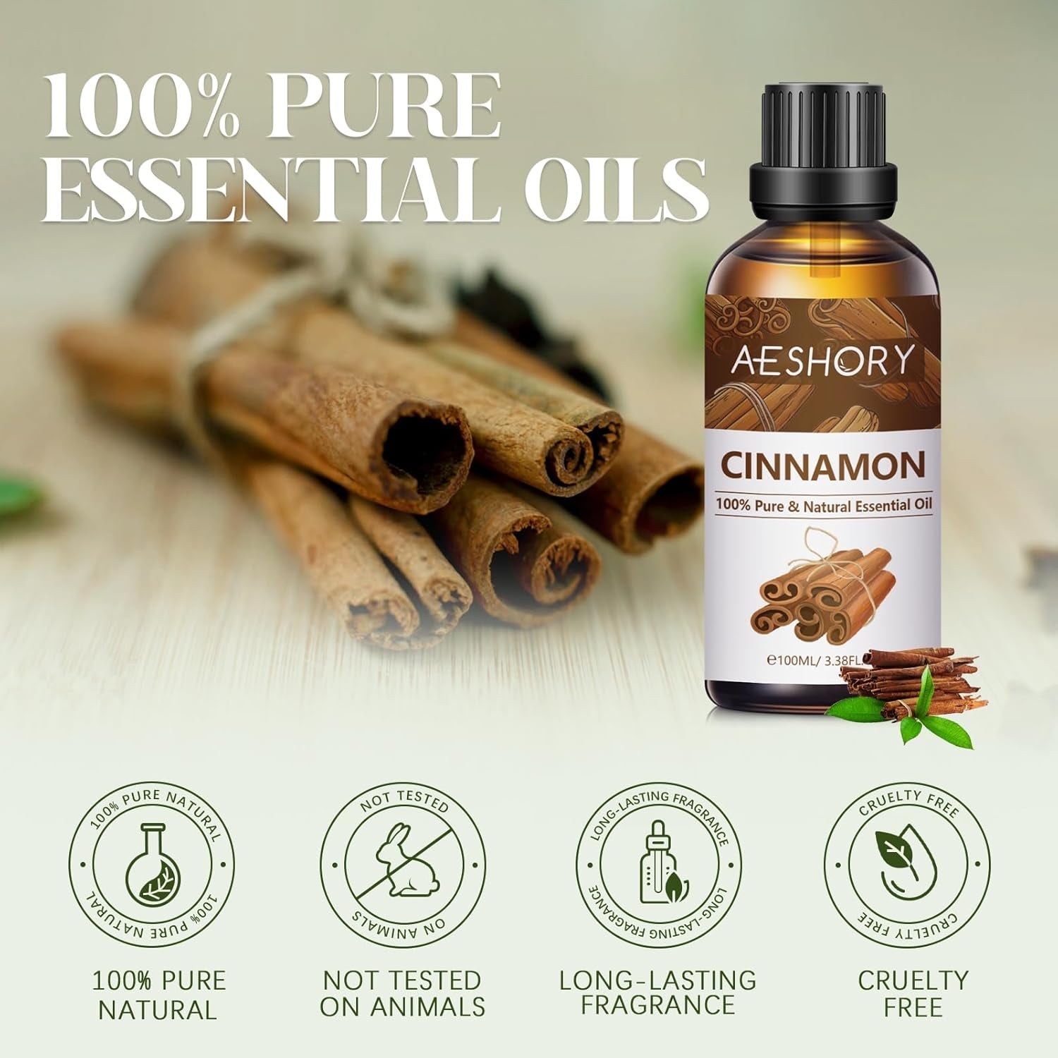 100% Pure Natural Cinnamon Essential Oil 100ml for Aromatherapy, Diffusers, Humidifiers, Home Cleaning, Skin Care, and Breath Freshening
