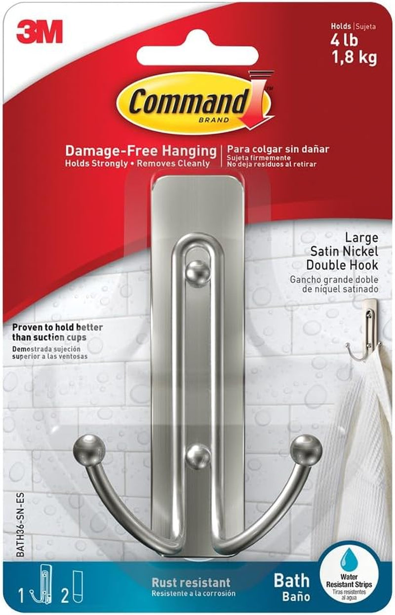 Bathroom Large Double Hook, Pack of 1 Hook and 2 Adhesive Strips, Metal - Damage Free Hanging - Holds up to 1.8 Kg, Satin Nickel