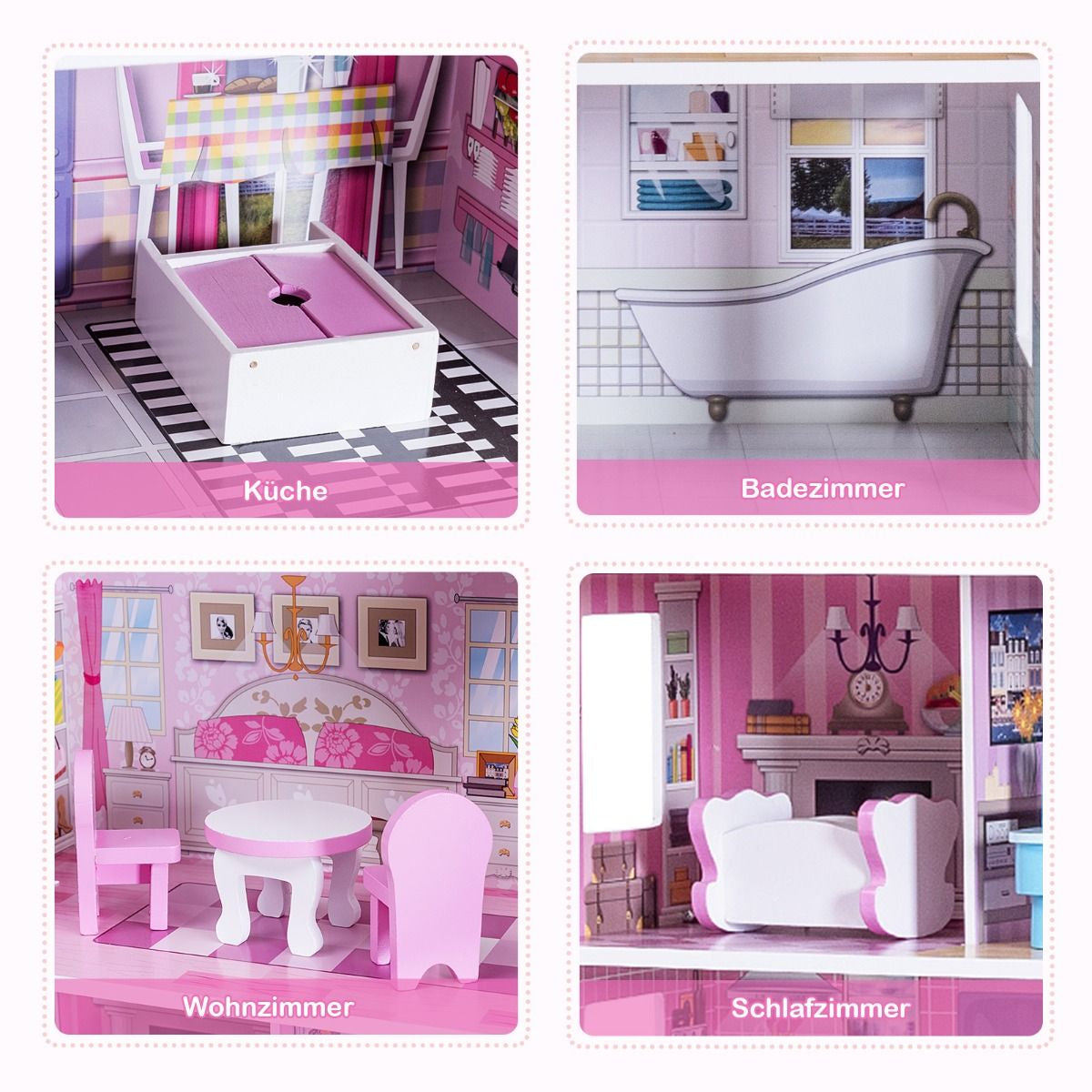 Wooden Dolls House Playset with Furniture and Accessories