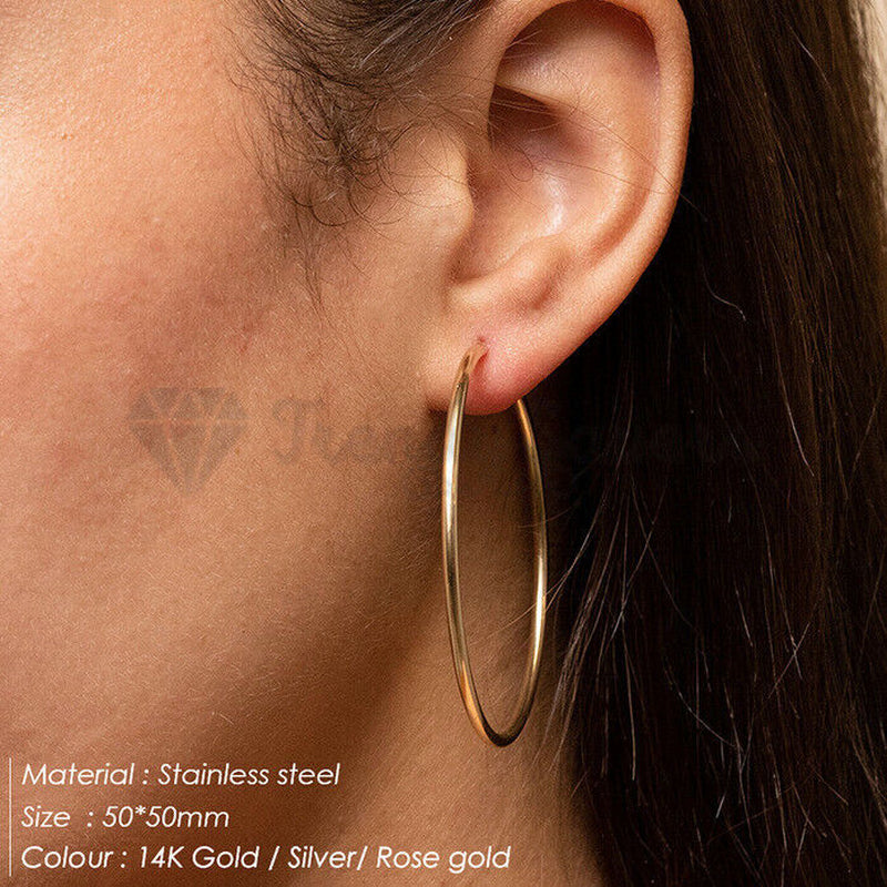18Ct Gold Plated Silver Stainless Steel Seamless Large Small Thin Hoop Earrings