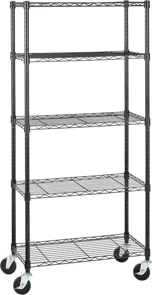 5-Shelf Medium Storage Unit on 4-Inch Casters with Height Adjustable Shelves and Levelling Feet - 680Kg Max Weight, Black, 76.2 Cm D X 35.6 Cm W X 164.5 Cm H