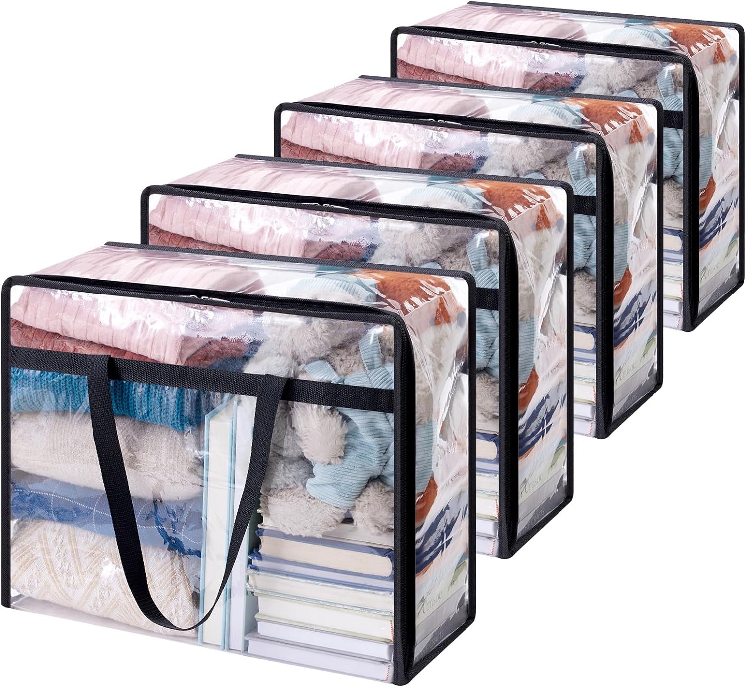 4 Pack Clear Plastic Storage Bags, 40L Foldable Clothes Storage Boxes Wardrobe Organizer Moving Bags with Reinforced Handle for Loft Wardrobe for Bedding Clothes Blanket Duvet