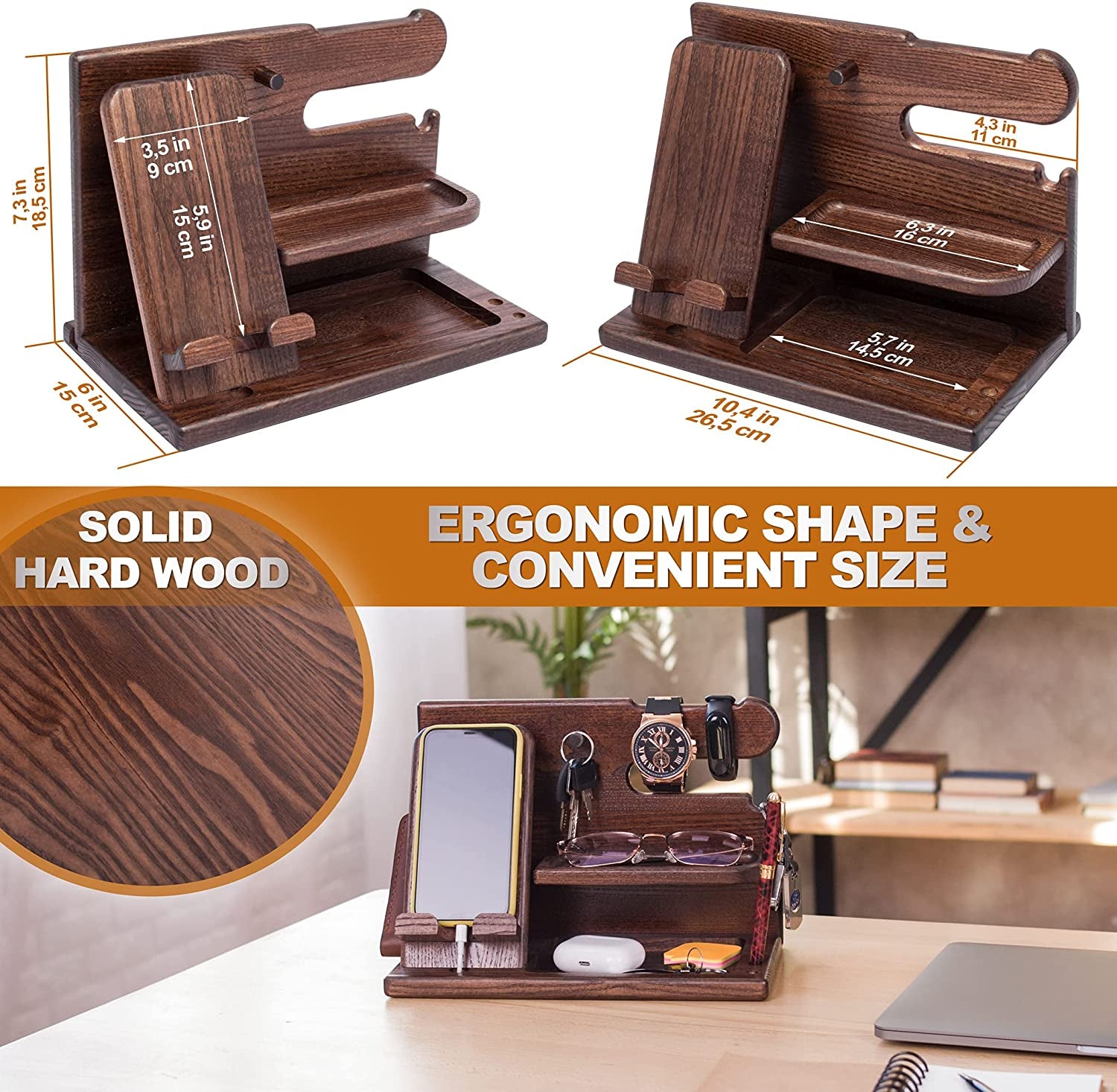 Gifts for Men Wood Phone Docking Station Desk Organizer Fathers Gifts Gifts for Him Xmas Gift Anniversary Birthday Presents Nightstand Key Wallet Stand for Men, Boyfriend, Dad