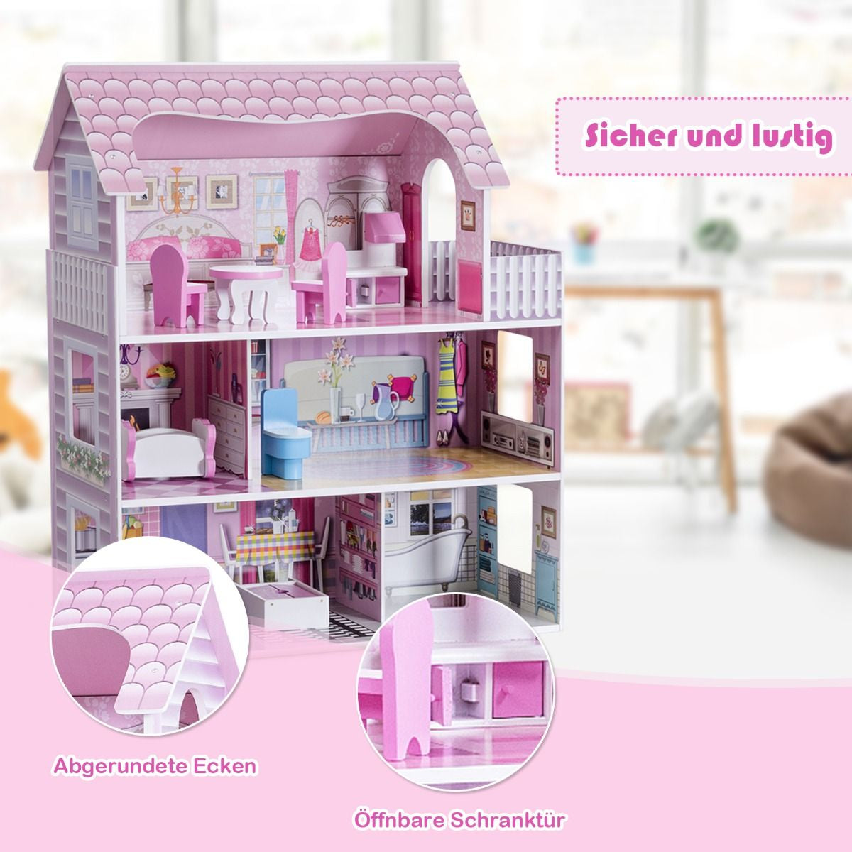 Wooden Dolls House Playset with Furniture and Accessories