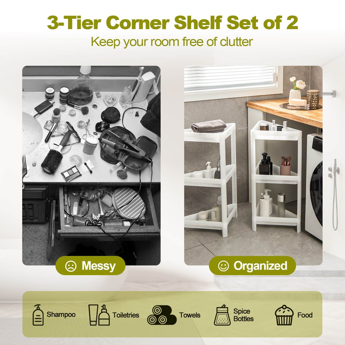 2 Pack 3-Tier Floor Corner Storage Racks with Drainage Holes